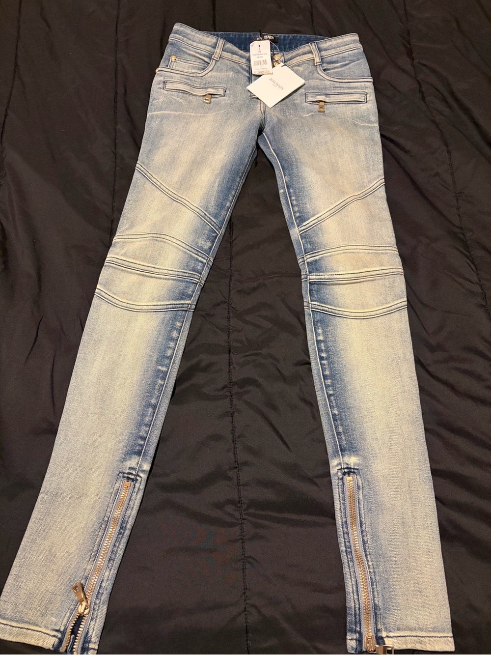 Balmain Distressed Dark Blue Denim Jeans with Gold Lion Buttons